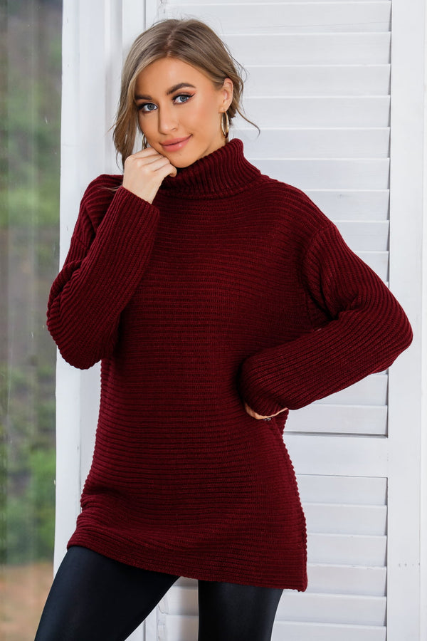 Horizontal Ribbing Turtleneck Tunic Sweater